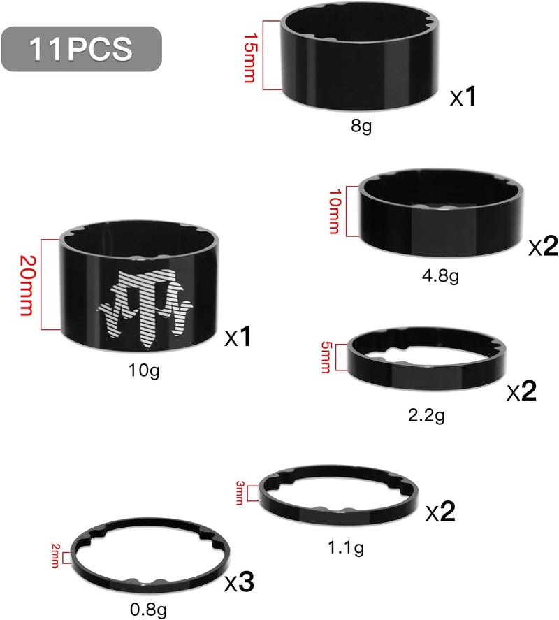 ZTZ 11PCS Headset Spacer Set for 1-1/8 Fork Stem - Aluminum Carbon Fiber Washer Kit (20 15 10 5 3 2 mm) Bicycle Threadless Ultralight Spacers, Compatible with MTB, Road, BMX, Folding Bikes - Image 2